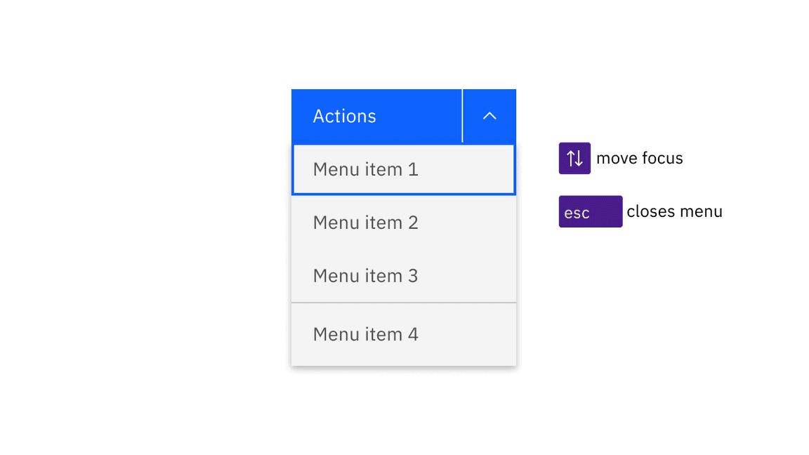 illustration showing an open menu with the focus on the first item, and the arrow and Esc keys called out