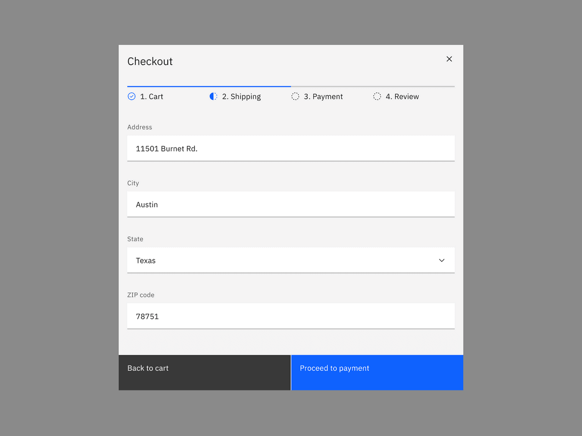 Example of a progress indicator used in a payment UI